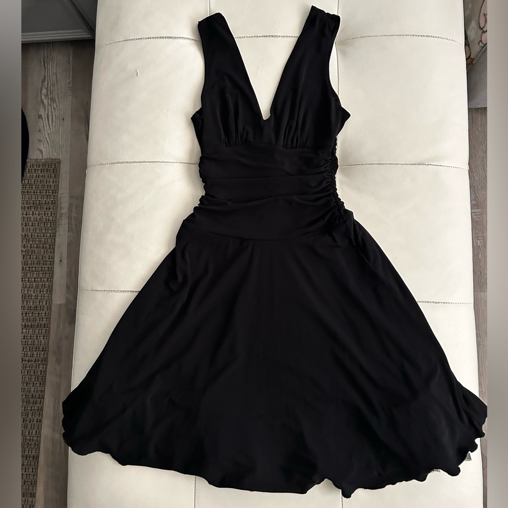 Black Ruched V-Neck Fit and Flare Cocktail Dress